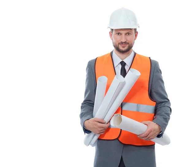 Architect in orange vest holding may paper drawing plans. — Stock Photo, Image