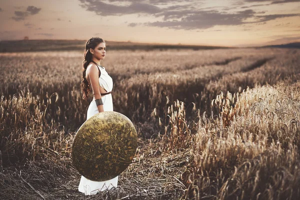 Elbise giymiş esmer kalkan tutan Yunanistan tarzı gibi.