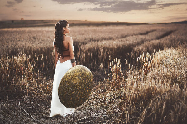 Back view of girl holding shield among grass in field.