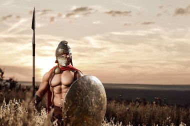Strong Spartan warrior in battle dress with a shield and a spear clipart