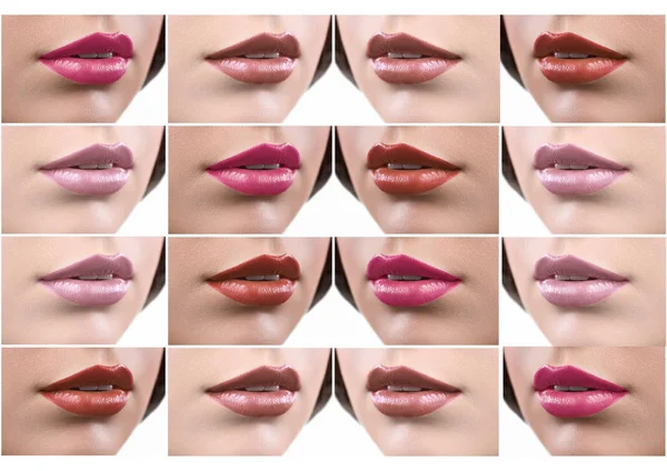 Collage de labios femeninos cubiertos de lápiz labial —  Fotos de Stock