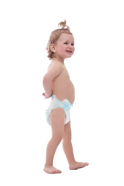 Meisje van de baby het dragen van een luier geïsoleerd op wit — Stockfoto