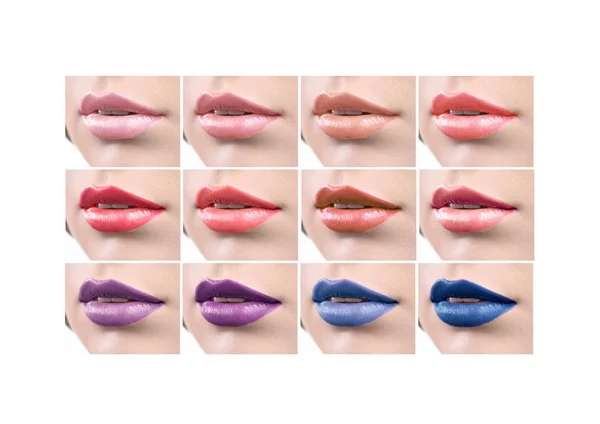 Колаж сексуальних жіночих губ з барвистою помадою — стокове фото
