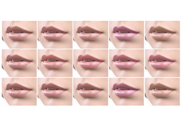 Collage av sexiga kvinnliga läppar med färgstarka läppstift — Stockfoto