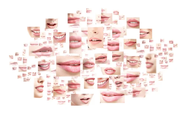 Collage van sexy vrouwelijke lippen met kleurrijke lippenstift — Stockfoto