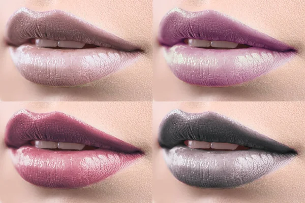 Collage de labios femeninos cubiertos de lápiz labial — Foto de Stock