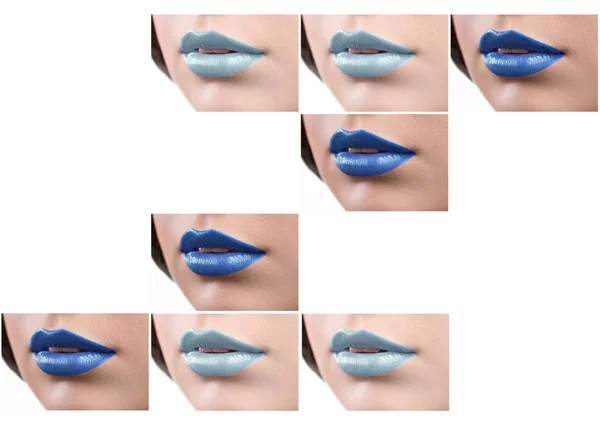 Collage van sexy vrouwelijke lippen met kleurrijke lippenstift — Stockfoto