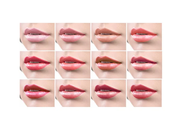 Collage di labbra femminili sexy con rossetto colorato — Foto Stock