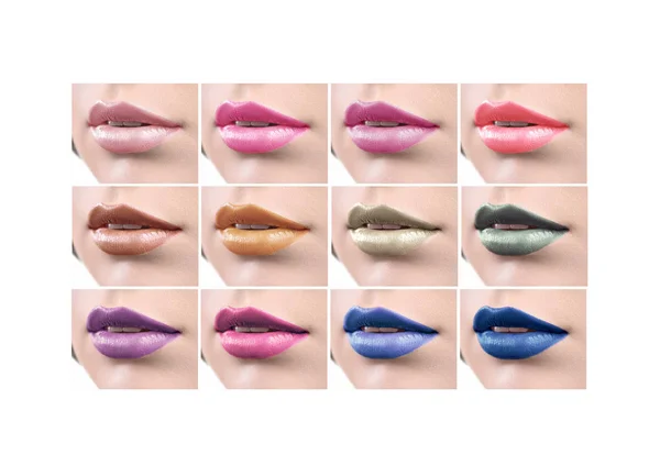 Collage van sexy vrouwelijke lippen met kleurrijke lippenstift — Stockfoto