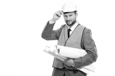 Profesyonel erkek inşaat işadamı onun planları ile