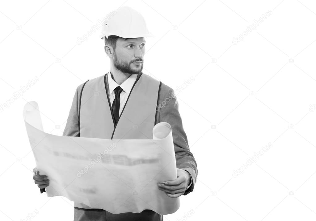 Professional male construction businessman with his blueprints