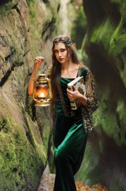 Genç güzel kadın elf orman bir kitap ve bir fener yürürken