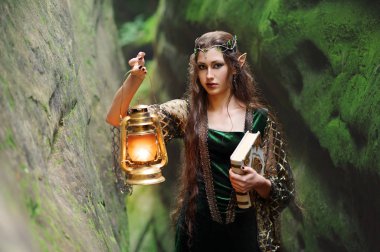 Genç güzel kadın elf bir boo ormanıyla yürürken