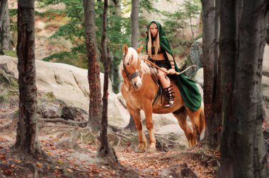 Onun atı ile ormanda dişi elf