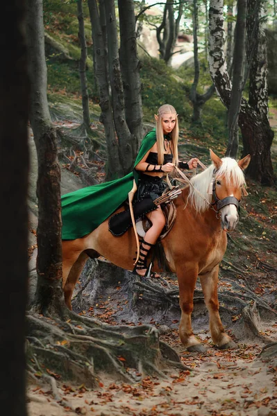 그녀의 말과 함께 숲에서 여성 엘 프 — 스톡 사진