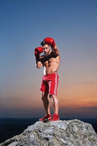 야외에서 훈련하고 있는 근육질 남성 권투 선수 — 스톡 사진