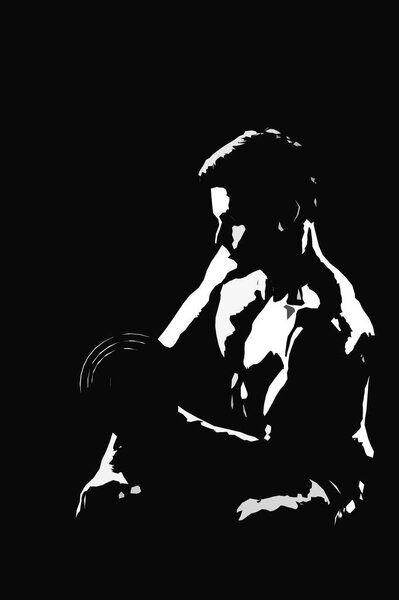 Powerful muscular man weightlifting black and white illustration