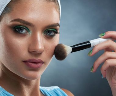 Yeşil makyaj allık kendisi için çizim ile güzel kadın.