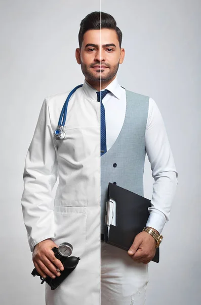 Комбінована фотографія бізнесмена і лікаря — стокове фото