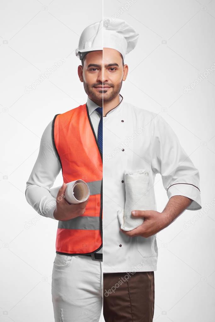 Combined photo of a chef and a builder