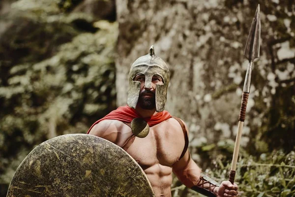 Bearded severe warrior in gladiator outfit — Stock Photo, Image