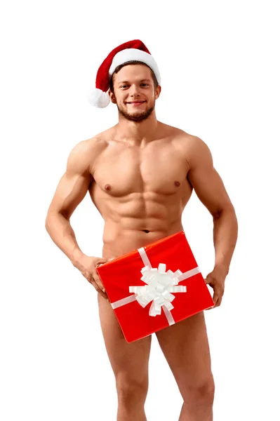 Desnudo santa posando con regalos — Foto de Stock