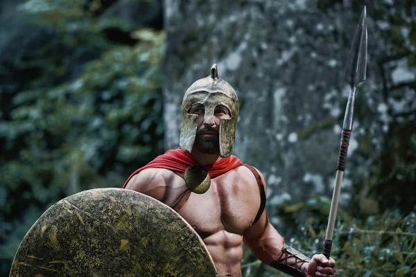 Spartan warrior in the woods — Stock Photo, Image