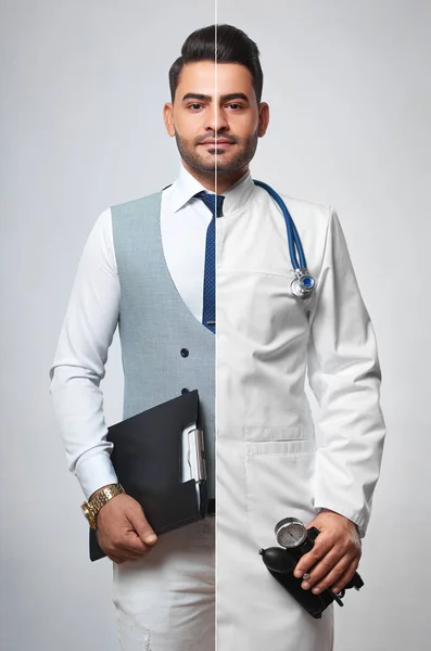 Комбинированное фото бизнесмена и врача — стоковое фото