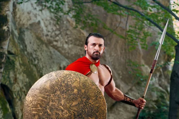 Mature Spartan warrior in the woods — Stock Photo, Image