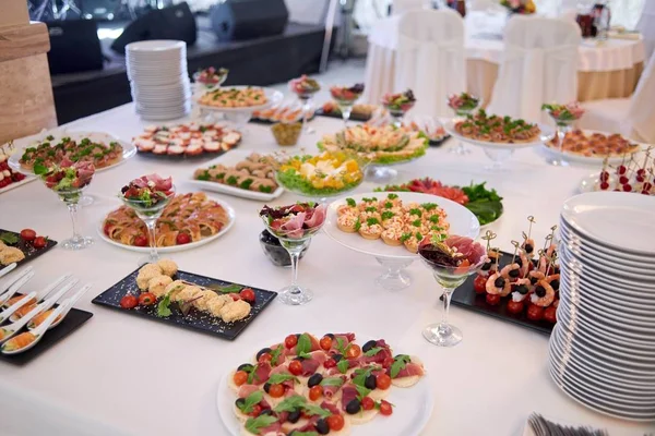 Piatto di pesce e carne varietà di pasti. Vista panoramica a buffet con assortimento di cibi sani e abbondanti. Buffet, banchetto, antipasto, idea menu ristorante — Foto Stock