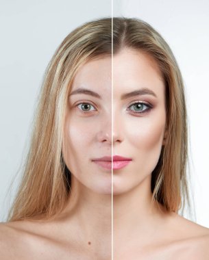 Sarışın bir kız, bir ölçü temiz olmayı bir yüz ve hiç makyaj, makyaj ile başka bir bölüm portresi.