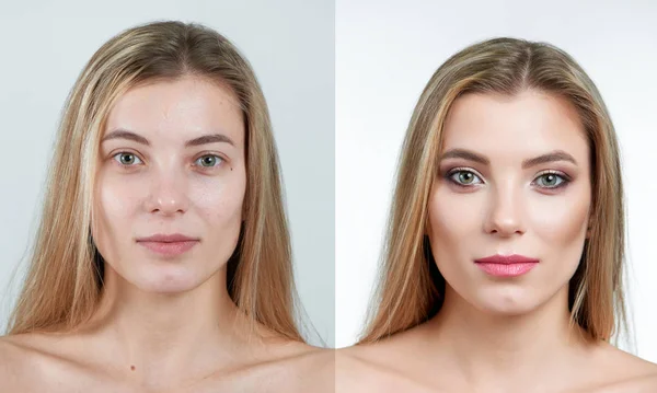 Comparison photo of a beautiful blonde girl without and with makeup. — Stock Photo, Image