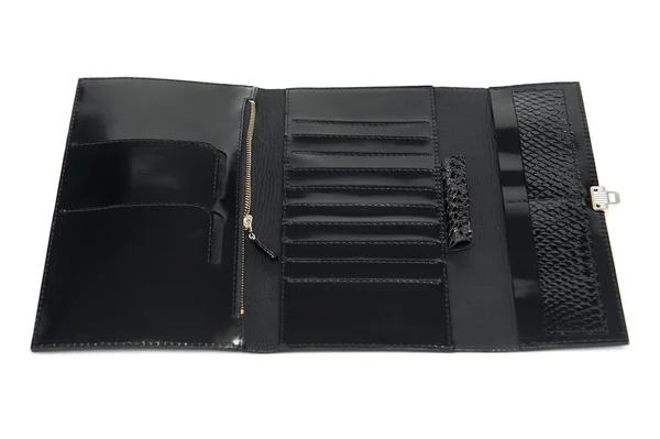 Black leather glancy wallet with a zipper and many sections — Stock Photo, Image