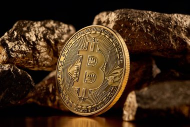 Altın bitcoin ve her ikisi de siyah arka plan üzerine izole fütüristik dünya eğilimleri temsil eden altın topaklar