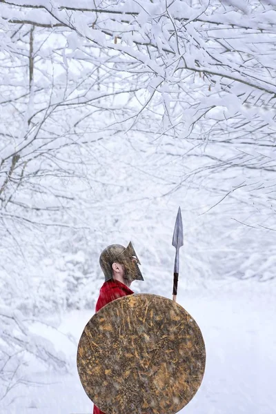 Guerrero espartano se encuentra en un bosque nevado . — Foto de Stock