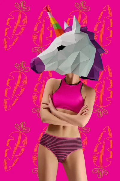 Frontview of Slim model wearing colorful unicorns head. — Stock Photo, Image