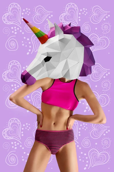 Frontview of sporty model wearing colorful unicorns head. — Stock Photo, Image