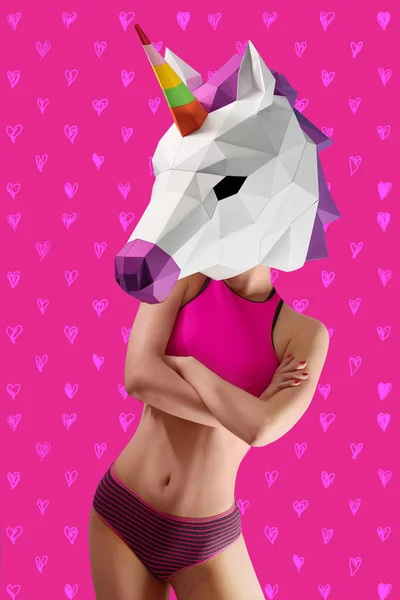 Pop art photo of sporty model wearing colorful unicorns head. — Stock Photo, Image