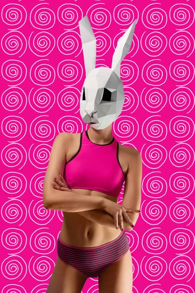 Pop art foto di modello sportivo con la testa di coniglietti di carta bianca . — Foto Stock