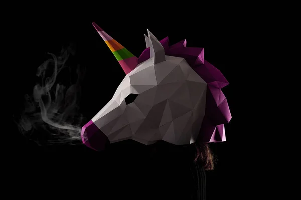 Colorful smoky unicorns head on black background. — Stock Photo, Image