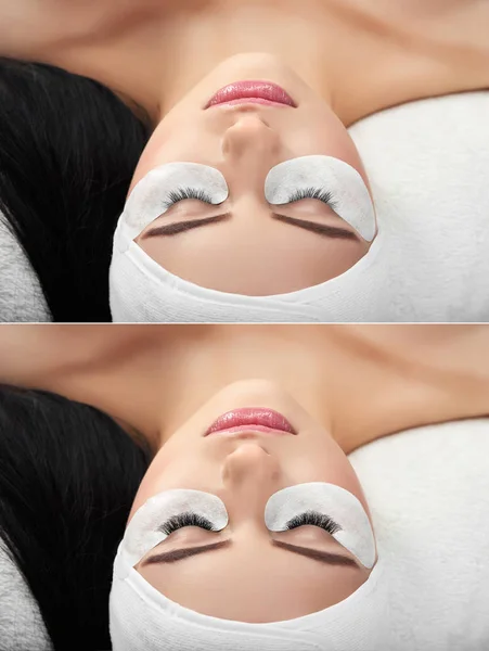 Two photos comparison of normal and fake enlarged lashes. — Stock Photo, Image