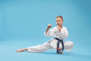 Kimonolu kız karate duruşunda duruyor..