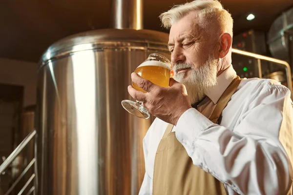 Especialista cervejaria degustação cerveja grande fria com espuma . — Fotografia de Stock