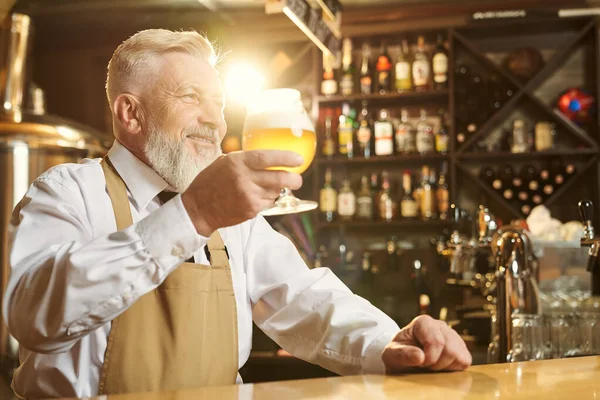 Barman trzyma szklankę piwa, stoi przy barze. — Zdjęcie stockowe