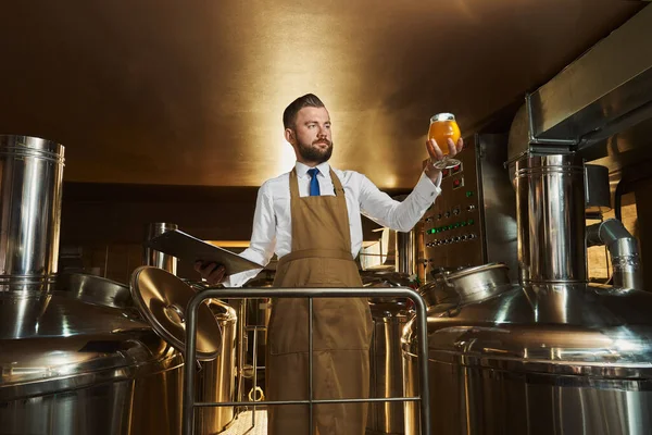 Esperto birreria ispezionare la birra, tenendo vetro . — Foto Stock