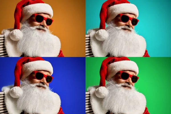 Collage aus vier Fotos mit Weihnachtsmann in roter Sonnenbrille — Stockfoto