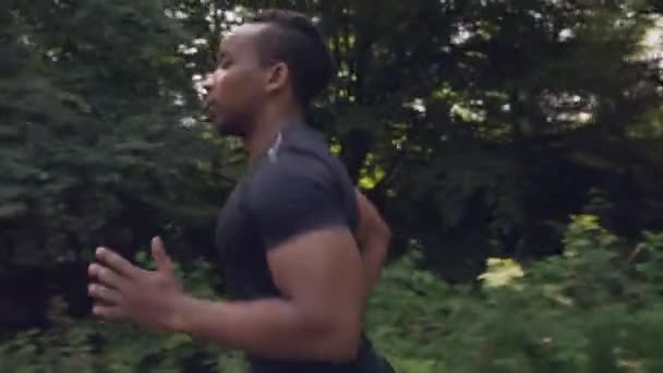 Boční pohled na svalnatého afro muže běžícího v zeleném lese — Stock video