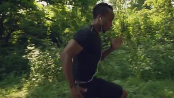 Hombre afro muscular corriendo por la mañana a través del bosque verde — Vídeos de Stock