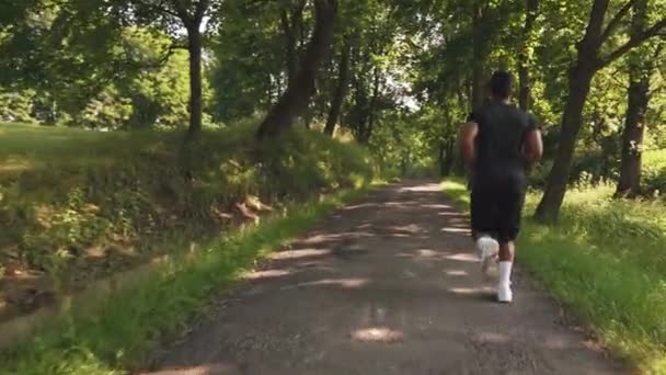 Молодой мускулистый спортсмен бежит по тропе среди зеленых деревьев — стоковое видео