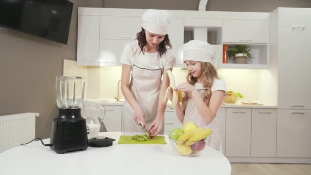 Mulher atraente e menina cortando frutas para coquetel — Vídeo de Stock